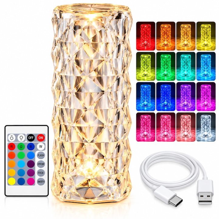 Lampa de masa LED tip cristal, 16 culori, control tactil, telecomanda, luminozitate reglabila, reincarcabila USB