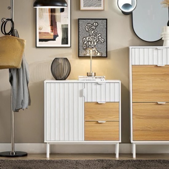 Comoda de depozitare Corenia QRE-2078479, MDF E1 cu picioare metalice, 2 compartimente si 3 sertare, alb/natural, 75 x 76 x 35 cm