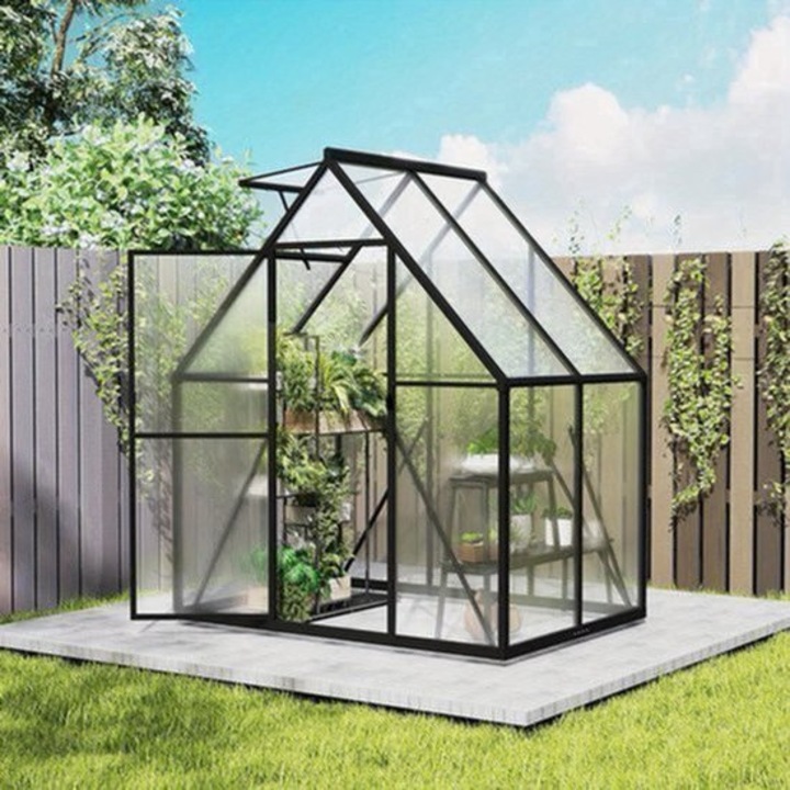Sera de gradina Corenia QRE-2067162, cadru din aluminiu cu intarituri metalice, ferestre de ventilatie reglabile, usi glisante, negru, 182,88 x 121,92 cm