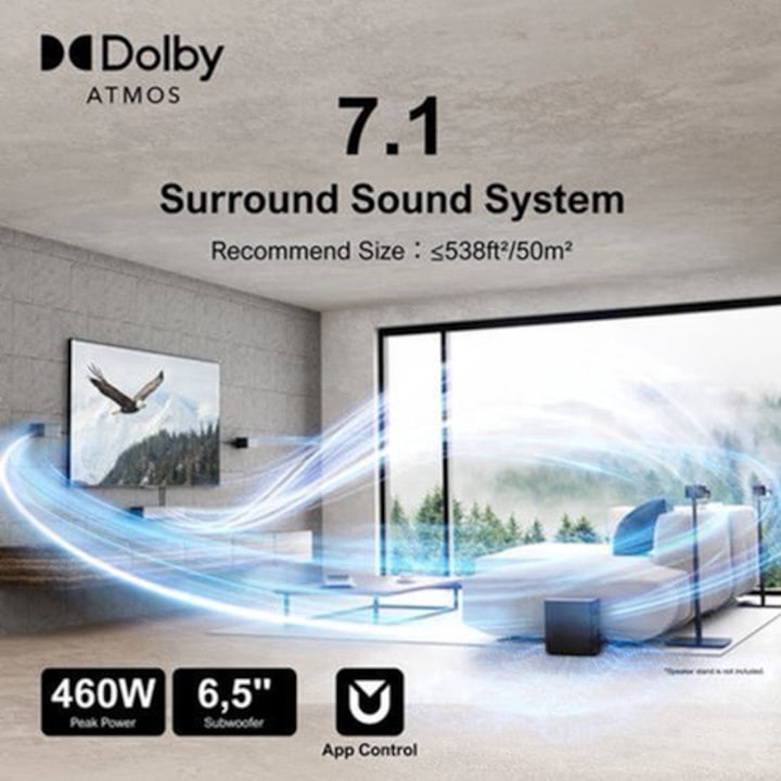 Soundbar Corenia QRE-2002361, sistem 7.1 surround cu Dolby Atmos, subwoofer wireless 6.5", 500W total, HDMI eARC, Bluetooth 5.3, negru