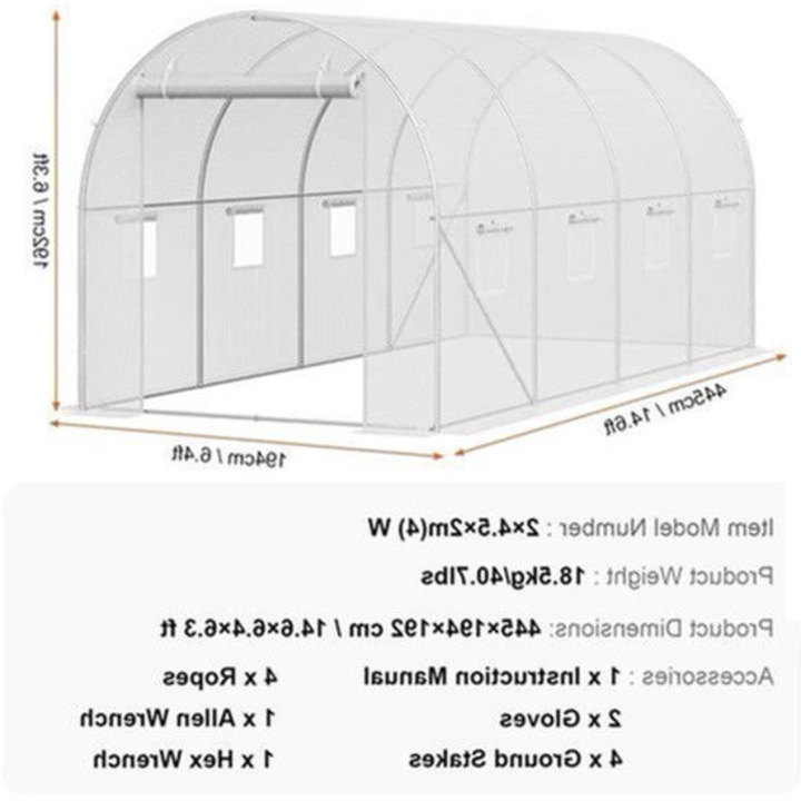 Sera tunel Corenia QRE-2068838, cadru din otel galvanizat O24 mm, folie PE UV 140 g/m², 6 ferestre cu plasa, usa rulou cu fermoar, 345 x 195 x 192 cm, alb