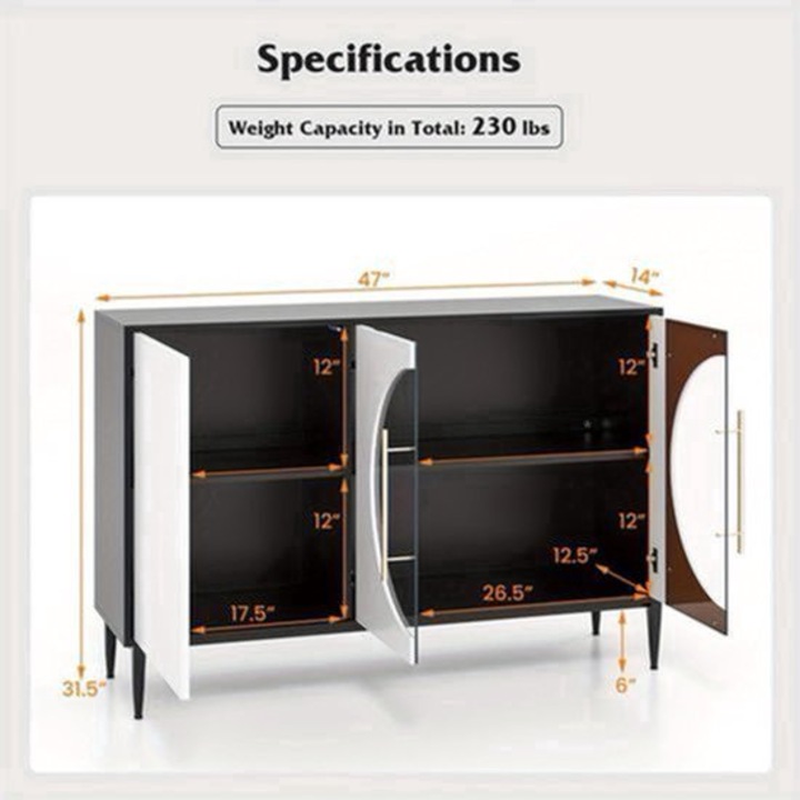 Bufet Corenia QRE-2039365, usi din sticla securizata, rafturi reglabile si detasabile, picioare metalice inaltate 15 cm, sistem anti-rasturnare, inchidere soft-close, negru, 119 x 35 x 80 cm