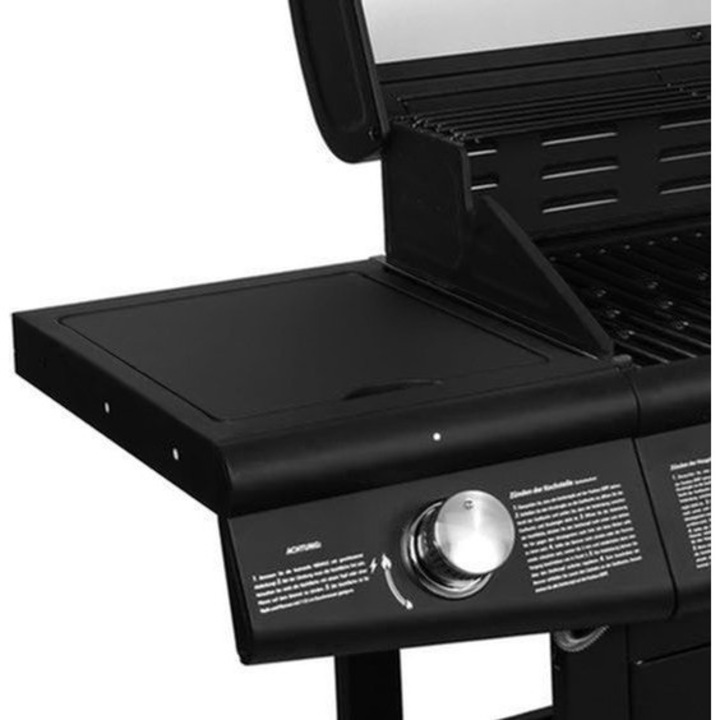 Gratar pe gaz Corenia QRE-2002479, 6 arzatoare din inox + 1 arzator lateral, suprafata de gatit 77 x 42 cm, troler cu dulap si raft incalzire, negru