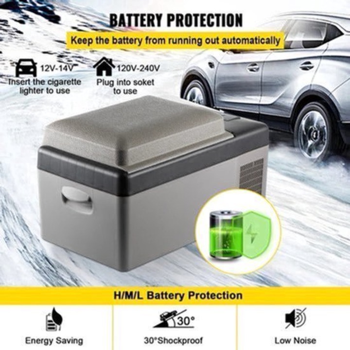 Frigider auto portabil Corenia QRE-2003158, compresor, dual 12/24V DC si 110-240V AC, 50 L, protectie baterie, silentios, gri/gri inchis