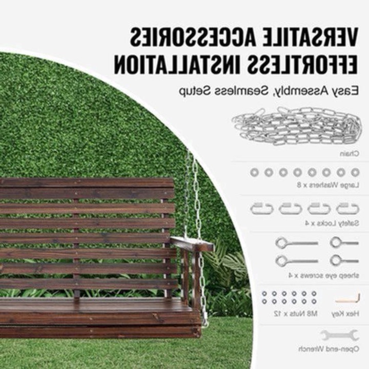 Banca leagan Corenia QRE-2003499, lemn masiv de brad cu lanturi galvanizate, capacitate 400 kg, maro inchis (carbonizat), 137 x 71 x 60 cm