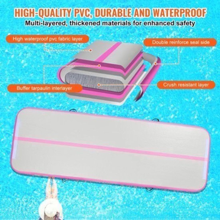 Saltea de gimnastica gonflabila Corenia QRE-2108284, PVC, grosime 4 inch, 10 ft x 3.3 ft x 4 inch, cu pompa electrica 600W, albastru