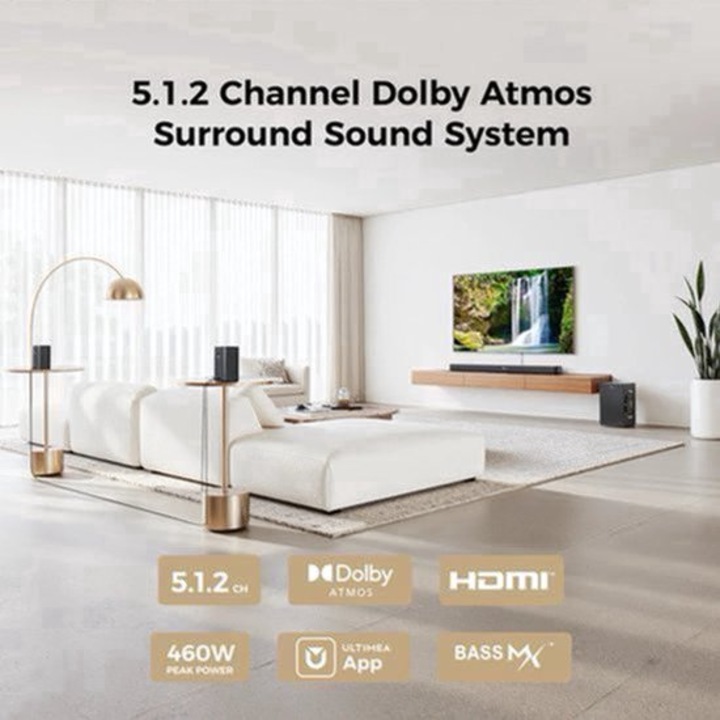 Sistem soundbar Corenia QRE-2003052 5.1.2 Dolby Atmos, soundbar + subwoofer wireless si 2 sateliti surround, HDMI eARC, Bluetooth 5.4, control prin aplicatie, 460W peak, negru