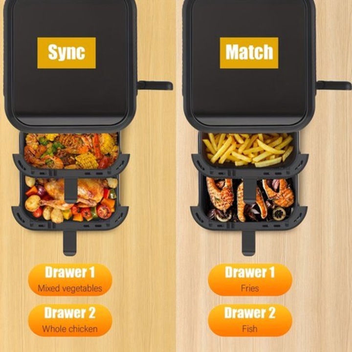 Friteuza cu aer cald Corenia QRE-2016858, dubla (2 x 5,5 L) cu sertare, Cook & Sync, touchscreen, 2800 W, negru/inox, 38 x 35,5 x 26,5 cm