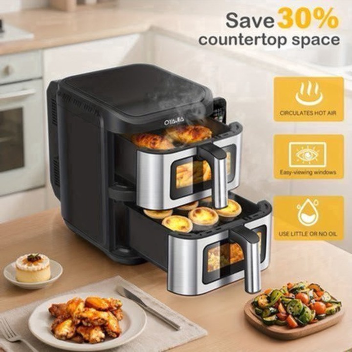 Friteuza cu aer cald Corenia QRE-2003107 cu sertare duble, 11 L, 2800 W, inox 304, touchscreen 10 programe, ferestre transparente, negru/argintiu