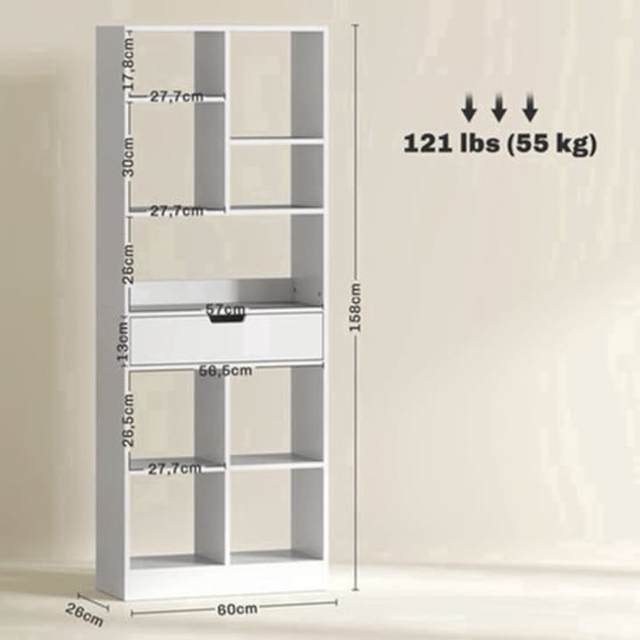 Biblioteca Corenia QRE-2060247, 9 compartimente cu sertar si protectie anti-rasturnare, alb, 60 x 26 x 158 cm