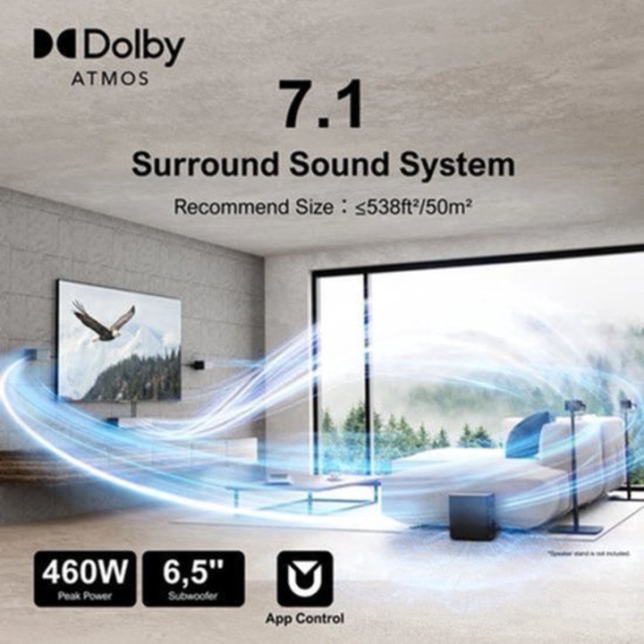 Soundbar Corenia QRE-4320565 7.1 Dolby Atmos, 460W, subwoofer wireless 6,5 inch, Bluetooth 5.3, HDMI eARC, control prin aplicatie, negru