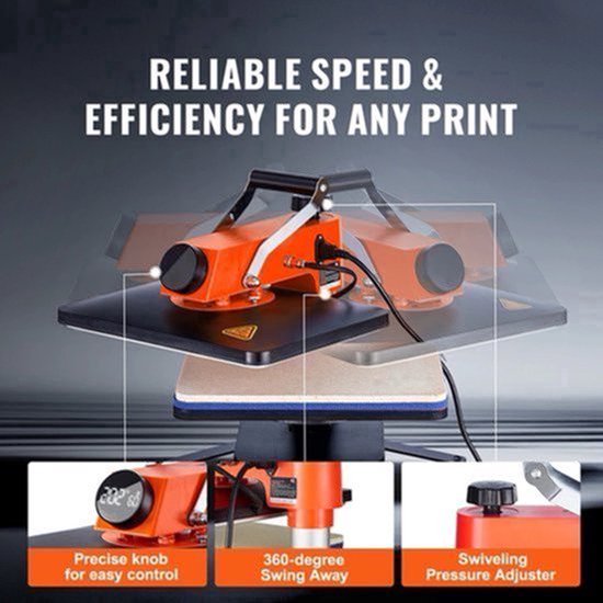 Presa termica 8-in-1 Corenia QRE-2004485, platou 12x15 inch (30x38 cm), incalzire Mica, panou LCD digital, brat rotativ 360°, pentru tricouri/manusi/cani/sepci, negru