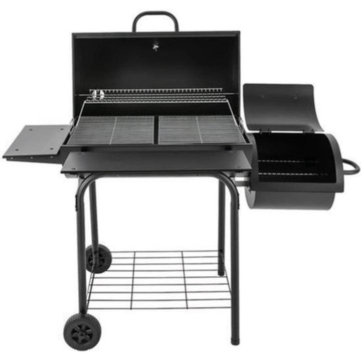 Gratar pe carbune Corenia QRE-2070119, suprafata de gatit 39x34 cm, capac cu termometru, cutie laterala pentru afumare, tavita reglabila pentru carbuni, doua gratare, raft inferior si roti, negru