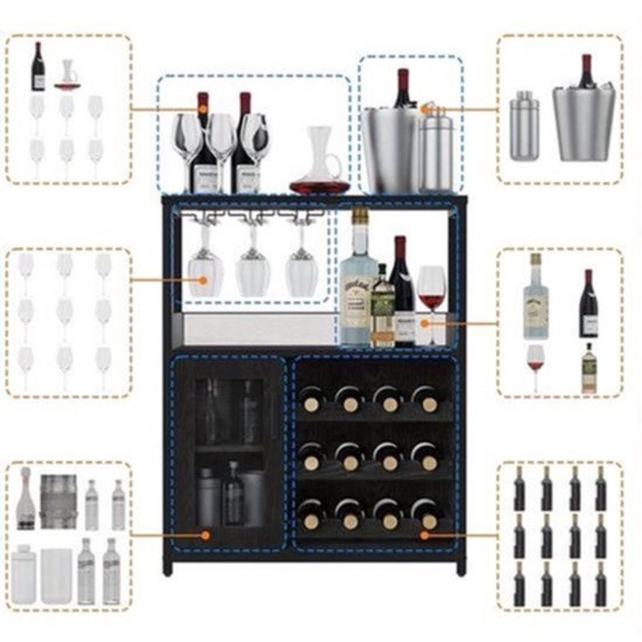 Bar pentru vin Corenia QRE-2054958, design industrial, 3 niveluri, capacitate 12 sticle, suport 9 pahare, MDF rezistent la umezeala cu cadru metalic, usa cu plasa ventilata, lemn inchis/ negru