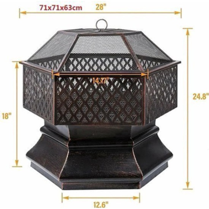 Focar de gradina Corenia QRE-2005748, hexagonal din otel rezistent la caldura cu gratar 69x69 cm, rezistent pana la 500°C, negru