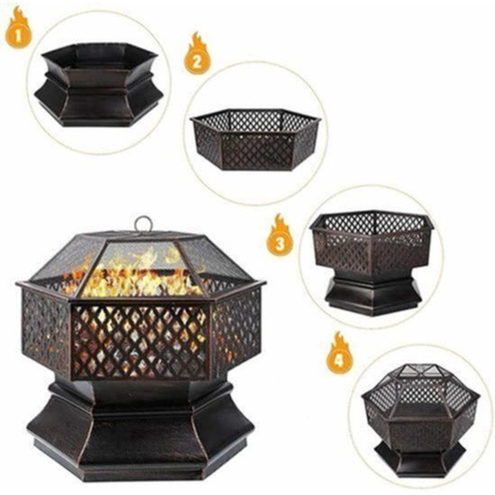Focar de gradina Corenia QRE-2104142, hexagonal cu gratar 69x69 cm, otel rezistent la rugina, negru, 66 x 66 x 63 cm