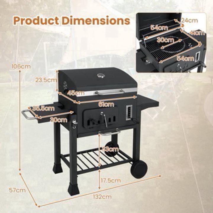 Gratar pe carbune Corenia QRE-2005801, suprafata de gatit 1395 cm², 2 mese laterale pliabile, gratar + raft de pastrat cald, termometru incorporat, negru, 132 x 57 x 106 cm