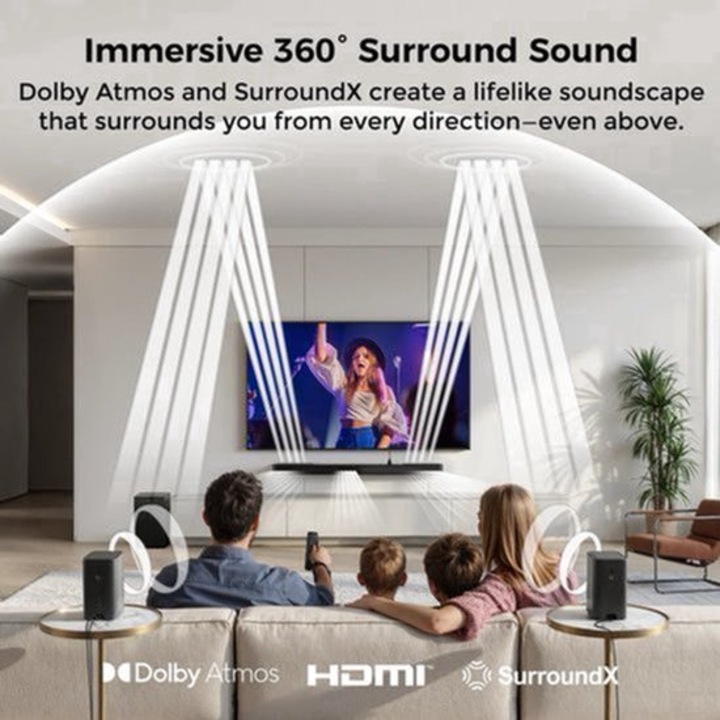 Soundbar home cinema Corenia QRE-2005073, sistem 5.1.2 canale cu Dolby Atmos, up-firing drivers si difuzoare surround, subwoofer wireless 6,5 inch (pana la 40 Hz), HDMI eARC, Bluetooth 5.4, control prin aplicatie, negru