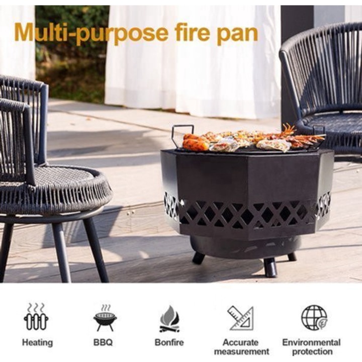 Focar de exterior Corenia QRE-2006136, vatra rotunda cu capac si gratar rotativ 360° reglabil pe inaltime, pentru gratar si foc de tabara, negru, O 16,5 inch (42 cm)