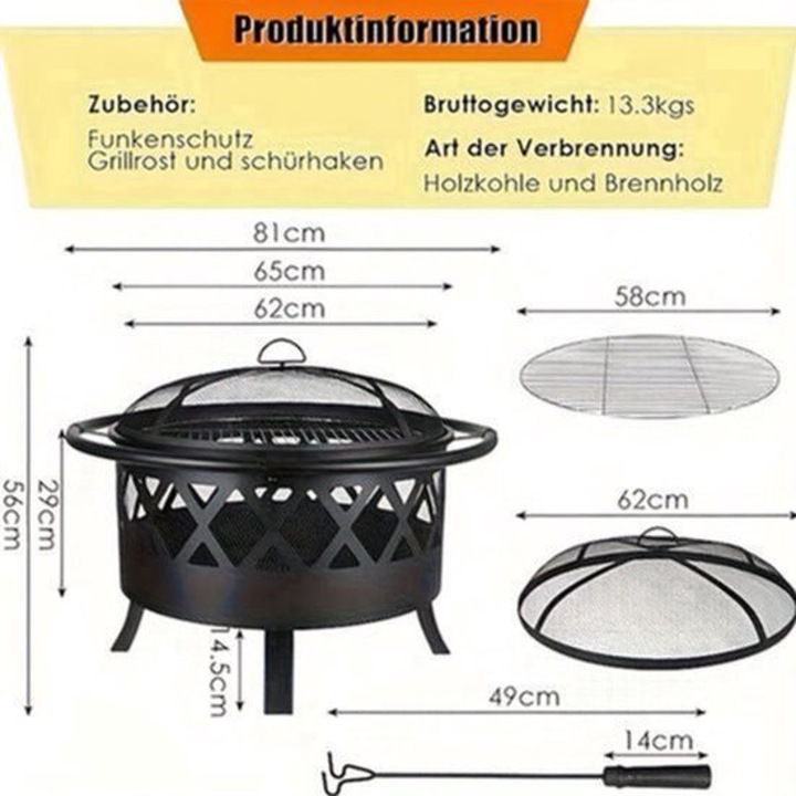 Corenia, focar de gradina QRE-2006635 din aliaj rezistent la caldura cu gratar 58 cm si protectie pentru scantei 62 cm, negru, O81 cm x 56 cm