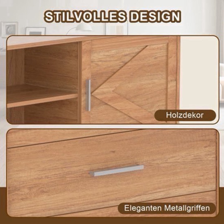 Lowboard Corenia QRE-2077658, 3 sertare, 2 compartimente deschise, usa glisanta cu panou decorativ in V, pal melaminat FSC rezistent la zgarieturi, negru, 160 x 45 x 35 cm