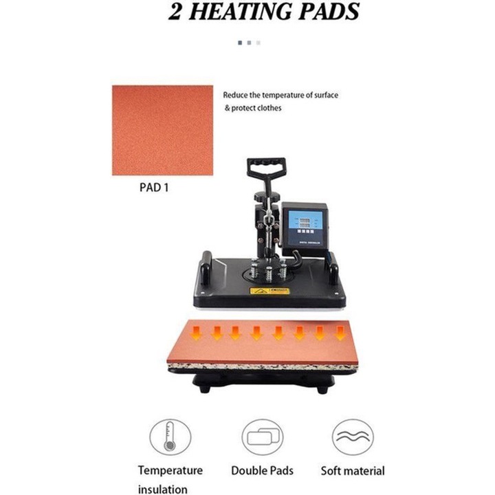 Presa termica 7-in-1 Corenia QRE-4307597, platou 29x38 cm, LCD, presiune reglabila, rotativa 360°, accesorii pentru cani si sepci, negru