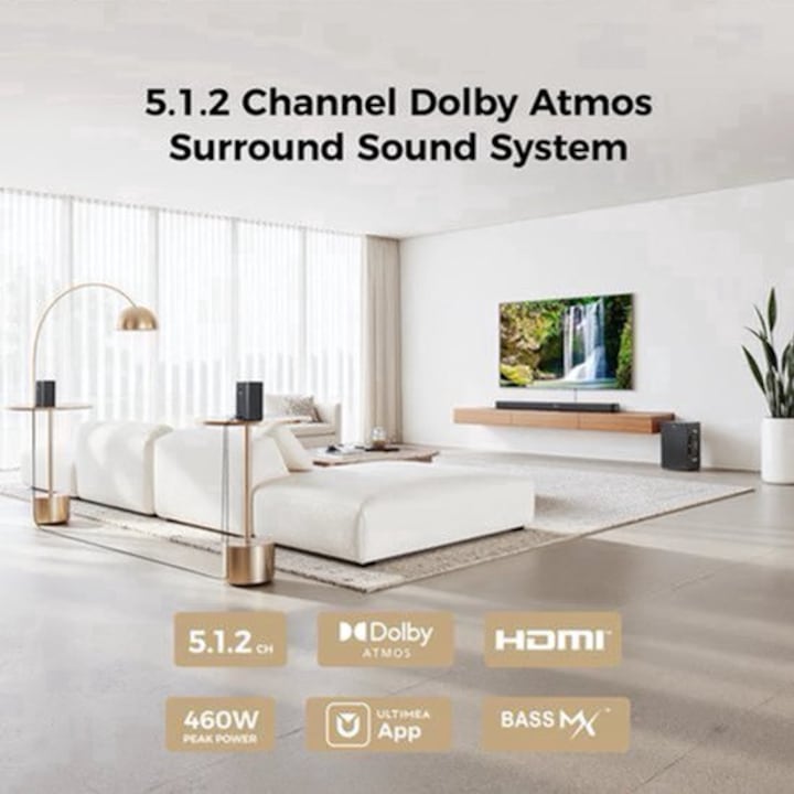 Sistem soundbar Corenia QRE-2006903 5.1.2 Dolby Atmos, soundbar cu 2 up-firing, 2 surround, subwoofer wireless 6,5 inch, 460 W putere maxima, HDMI eARC, Bluetooth 5.4, comanda prin aplicatie, negru