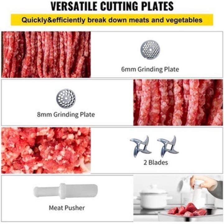 Masina de tocat carne electrica Corenia QRE-2006356, inox, 1100W, 193 rpm, situri 6/8 mm, 2 cutite, impingator, argintiu
