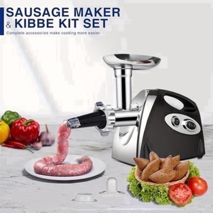 Tocator de carne electric Corenia QRE-2006818, 700W, inox Grade 304, 3 site (fini/medii/grosi), set pentru carnati, negru/argintiu