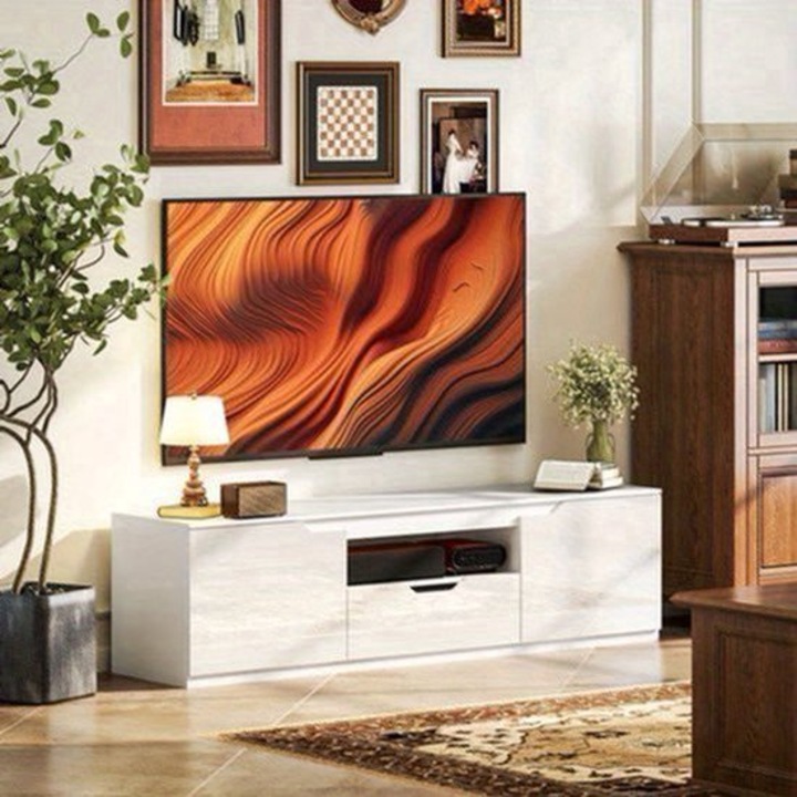 Comoda TV Corenia QRE-2039948, 2 usi si sertar cu cable management, suporta TV pana la 65 inch, modern, alb, 160 cm
