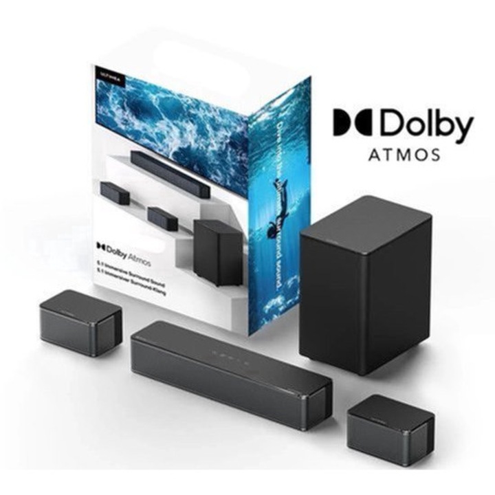Soundbar Corenia QRE-2007615, sistem 5.1 cu subwoofer si sateliti, 3D Surround, Dolby Atmos, 87 dB, 50 Hz–20 kHz, negru, cu cabluri incluse