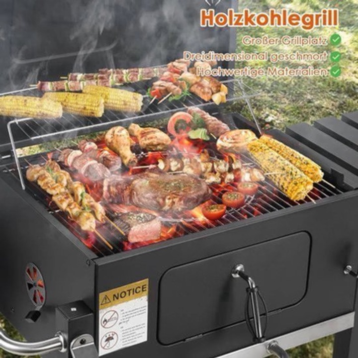 Gratar pe carbune Corenia QRE-2006720, pe trolley, suprafata de gatit 578 in², 3 gratare, plita de carbune reglabila pe inaltime, termometru in capac, tava pentru cenusa, roti si polita laterala, negru