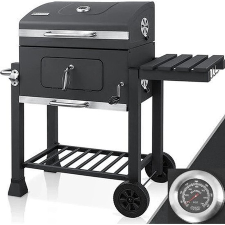 Gratar pe carbuni Corenia QRE-2008221, cu roti si suport, tava reglabila pentru carbuni, termometru incorporat, 3 gratare si sertar pentru cenusa, otel cu vopsea pulbere, negru, 113 x 53.5 x 100 cm, 578 in²