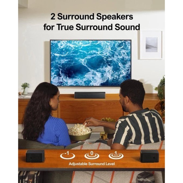 Soundbar Corenia QRE-2007811 3D Surround Sound, 87 dB, 50Hz–20kHz, cu cabluri de difuzor incluse, negru