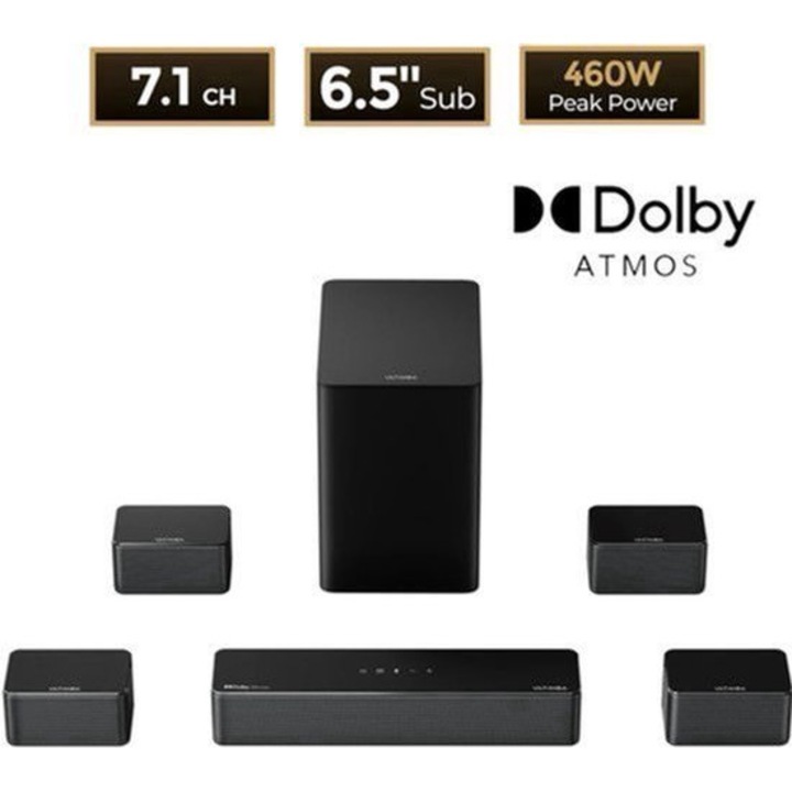 Soundbar home cinema Corenia QRE-2008401, sistem 7.1 canale, Dolby Atmos, subwoofer wireless 6,5 inch, 500W, HDMI eARC, Bluetooth 5.3, negru