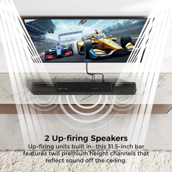 Soundbar Corenia QRE-2007918 5.1.2 Dolby Atmos, set home cinema cu subwoofer wireless si 2 boxe surround, HDMI eARC, Bluetooth 5.4, control prin aplicatie, negru