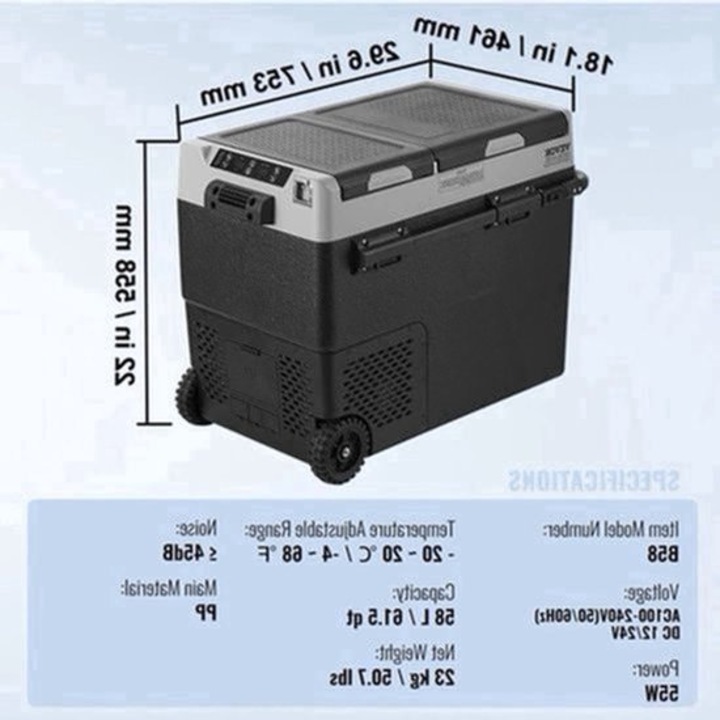 Frigider portabil cu compresor Corenia QRE-2010222, cap. 58 L, -20°C–20°C, 12/24V & 110/240V, silentios ≤45 dB, roti si maner telescopic, negru/gri