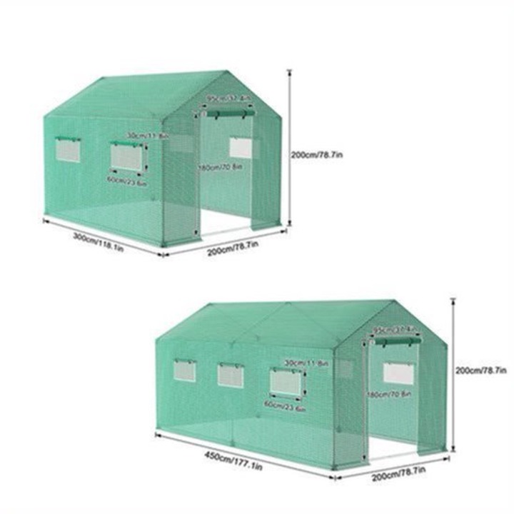 Sera tunel Corenia QRE-2076867, cadru otel galvanizat O22 mm, folie HDPE/LDPE rezistenta UV si impermeabila, 6 ferestre 30x60 cm cu plasa insecte, usa 95x180 cm, verde, 4,5 x 2 x 2 m