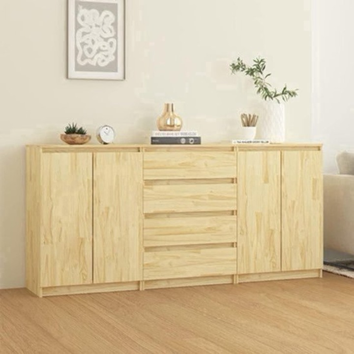Set de 3 corpuri de depozitare Corenia QRE-2099928, din lemn masiv de pin, 2 dulapuri cu 2 usi si 3 rafturi + 1 comoda cu 4 sertare, pin natural, 180 x 36 x 84 cm