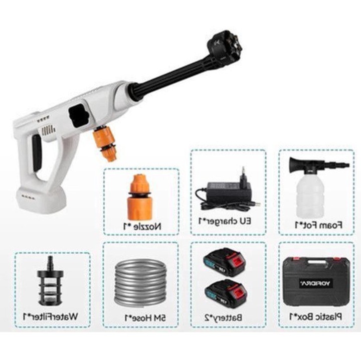 Pistol de spalat cu presiune Corenia QRE-2009470, fara fir, 100 Bar, motor 20500 RPM, 2 acumulatori inclusi, compatibil 18V/21V, alb/negru