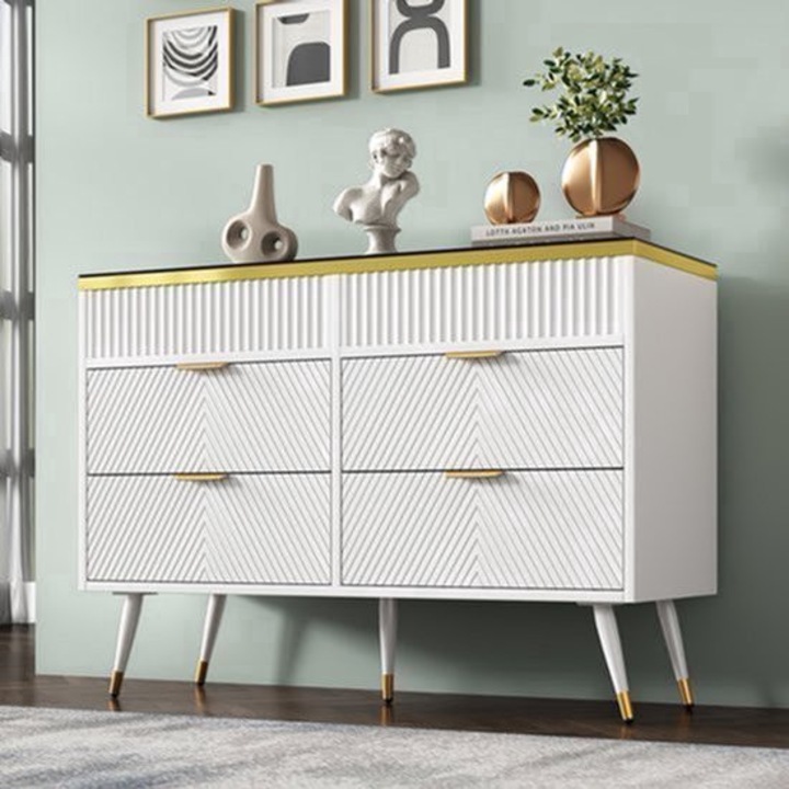 Comoda de depozitare Corenia QRE-2010992 din bambus, 6 sertare, cadru alb cu sertare ambar si manere aurii, multicolor, 68,5 cm, 90 L