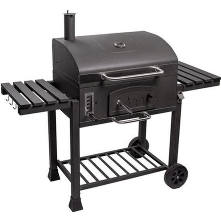 Grill pe carbuni Corenia QRE-2011123, suprafata de gatit extra mare, finisaj emailat portelan, cadru inox, sertar pentru carbuni, 2 polite laterale rabatabile, roti, negru