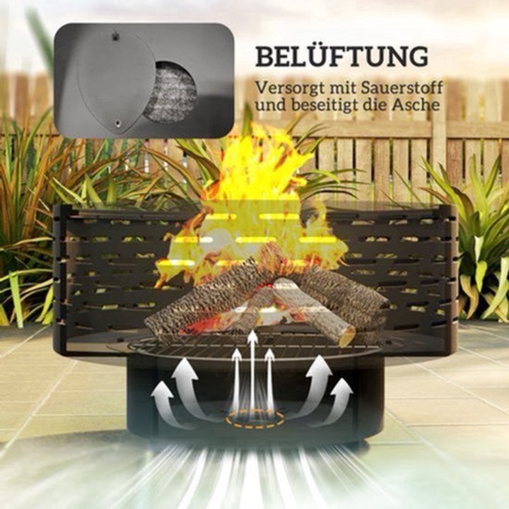 Focar de gradina Corenia QRE-2010669, 3-in-1 (focar, gratar, protectie pentru scantei), inox, gri carbune, O 60 cm x 39 cm, cu lopata pentru cenusa inclusa