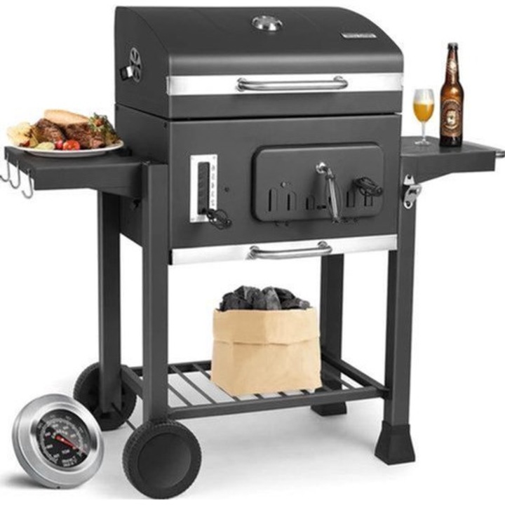 Gratar cu carbuni Corenia QRE-2011323, XXL smoker cu termometru integrat, gril 64 x 46 cm + grill rotund O31 cm, tava reglabila pentru carbuni in 6 pozitii, raft incalzire, laterale pliante, roti, gri cu accente negre, 130 x 137 x 49 cm