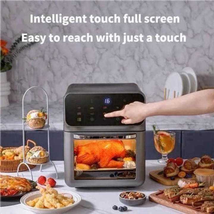 Airfryer Corenia QRE-2012381, 12 L, 1350 W, touchscreen LED, carcasa din inox, multifunctional cu circulatie 360° a aerului si fereastra de vizitare, negru