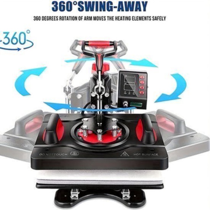 Presa termica Corenia QRE-2052043 8-in-1, brat rotativ 360°, platan T-shirt 30 x 38 cm, temperatura digitala 0–232°C si timer 0–999s, 800W, teflon, negru/rosu, include 50 coli folie transfer