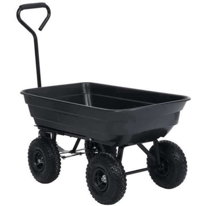 Carucior de gradina Corenia QRE-2013429, cadru metalic, capacitate 300 kg, 4 roti all-terrain, maner ergonomic, negru