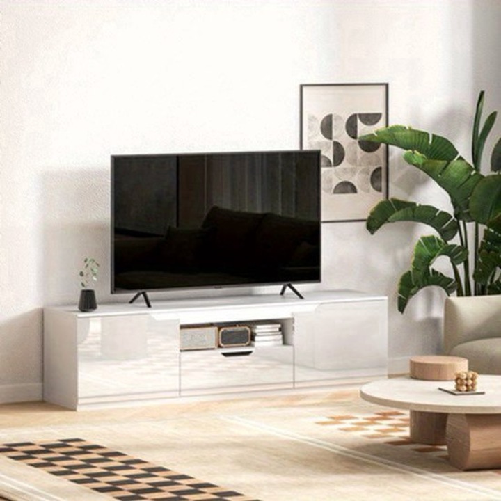 Comoda TV Corenia QRE-2013430, 160 cm, pentru TV pana la 65 inch, 2 usi si sertar cu gestionare cabluri, alb