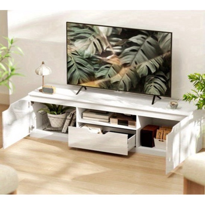 Comoda TV Corenia QRE-2084353, pentru TV pana la 65 inch, 2 usi si 1 sertar, cu organizare cabluri, alb, latime 160 cm