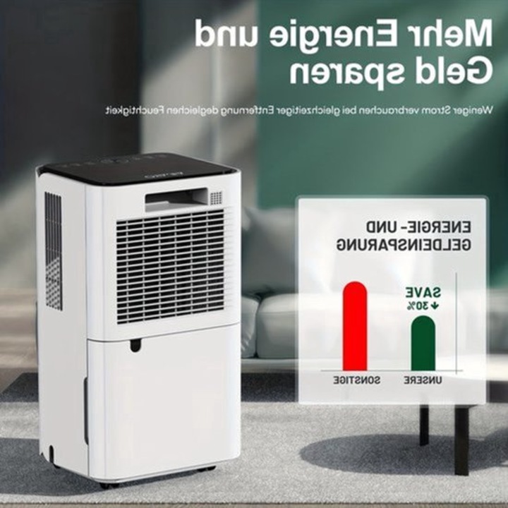 Dezumidificator Corenia QRE-2013757, 14 L/zi, senzor umiditate automat, functie uscare rufe, debit aer 150 m³/h, evacuare continua/rezervor, timer 24h, roti 360°, blocare copii, alb/negru